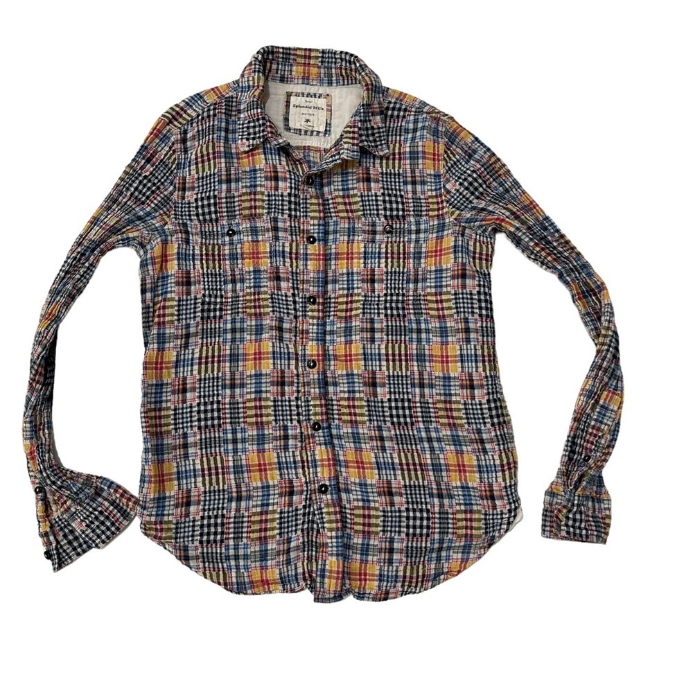 Splendid Mills Button Shirt Men Madras Plaid Knit 100%  Cotton USA Small
